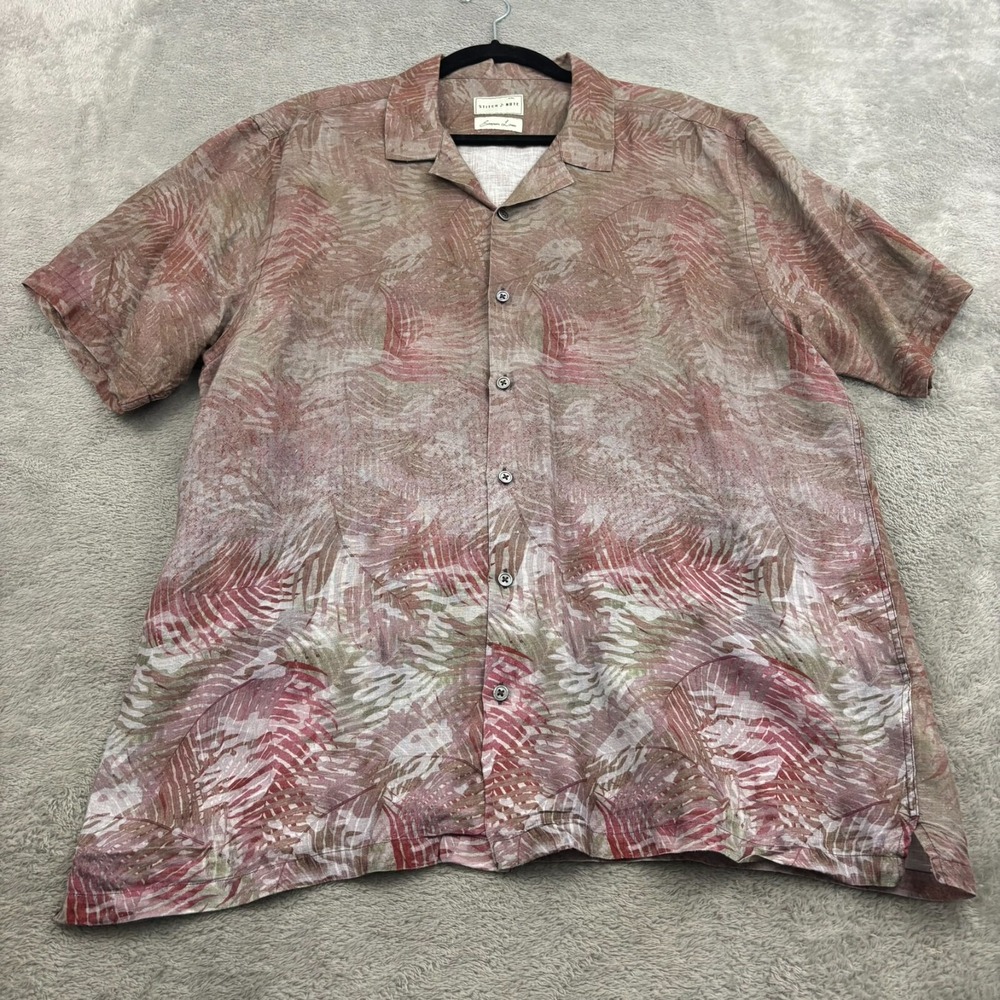 Stitch Note 100% European Linen Button Up Shirt Mens XXL Brown Red Floral Resort